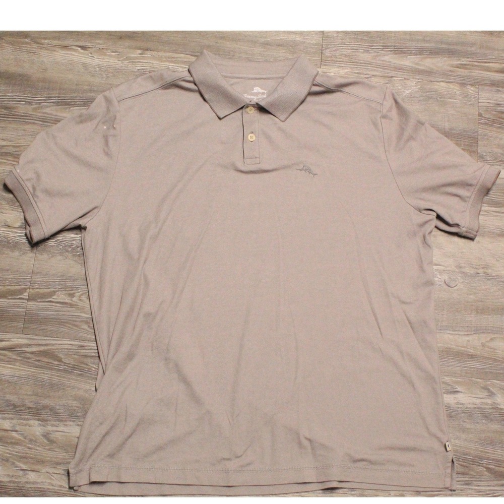 Tommy Bahama Mens Short Sleeve Pique Polo Shirt Tan Khaki Marlin Logo Sz L